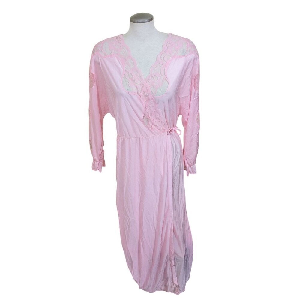 Vintage Cindy Ann Lace Detailed Peignoir Robe Size M Pink Nylon Long Sleeve 60s